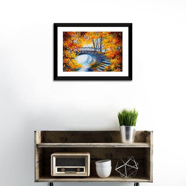 Autumn Forest With Bridge Canvas Wall Art-3 Horizontal-Gallery Wrap-25" x 16"-Tiaracle