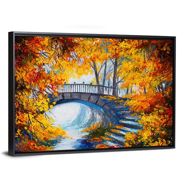 Autumn Forest With Bridge Canvas Wall Art-3 Horizontal-Gallery Wrap-25" x 16"-Tiaracle