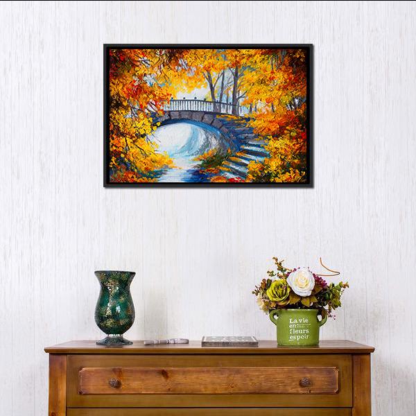 Autumn Forest With Bridge Canvas Wall Art-3 Horizontal-Gallery Wrap-25" x 16"-Tiaracle