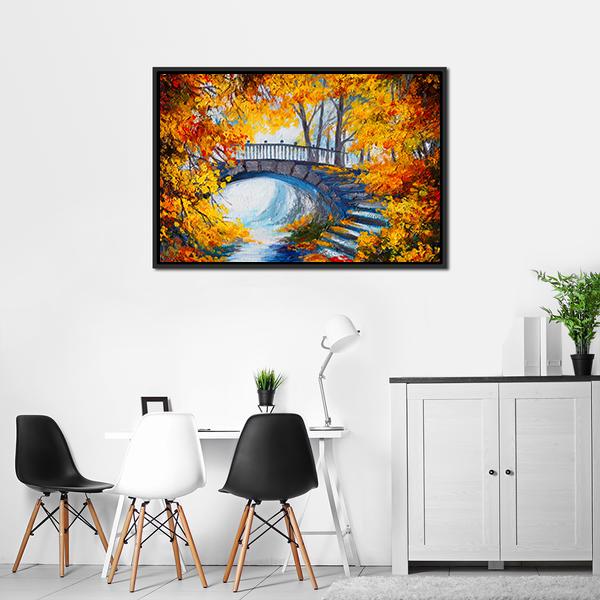 Autumn Forest With Bridge Canvas Wall Art-3 Horizontal-Gallery Wrap-25" x 16"-Tiaracle