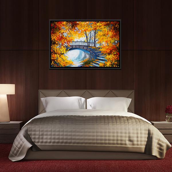 Autumn Forest With Bridge Canvas Wall Art-3 Horizontal-Gallery Wrap-25" x 16"-Tiaracle