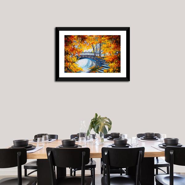 Autumn Forest With Bridge Canvas Wall Art-3 Horizontal-Gallery Wrap-25" x 16"-Tiaracle