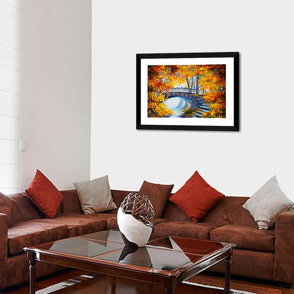 Autumn Forest With Bridge Canvas Wall Art-3 Horizontal-Gallery Wrap-25" x 16"-Tiaracle