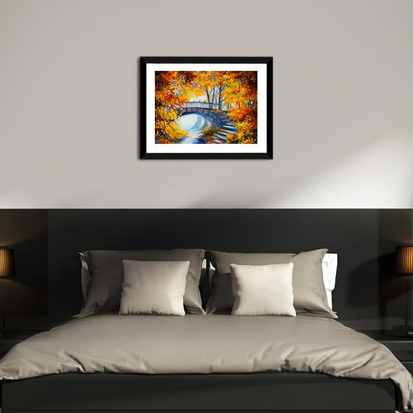 Autumn Forest With Bridge Canvas Wall Art-3 Horizontal-Gallery Wrap-25" x 16"-Tiaracle