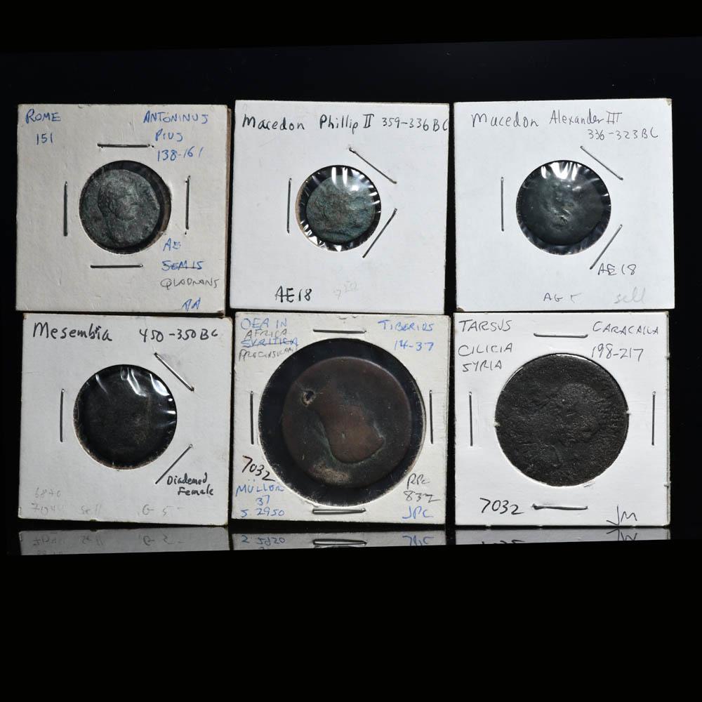 Eine Gruppe von 6 griechischen und römischen Bronzemünzen, Spätklassik - Römische Kaiserzeit, ca. 450 v. Chr. - 217 n. Chr.