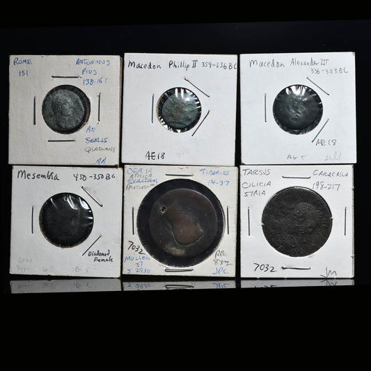 Eine Gruppe von 6 griechischen und römischen Bronzemünzen, Spätklassik - Römische Kaiserzeit, ca. 450 v. Chr. - 217 n. Chr.