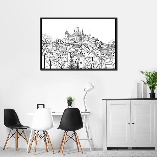 Castle & City Sketch Canvas Wall Art-1 Piece-Floating Frame-24" x 16"-Tiaracle