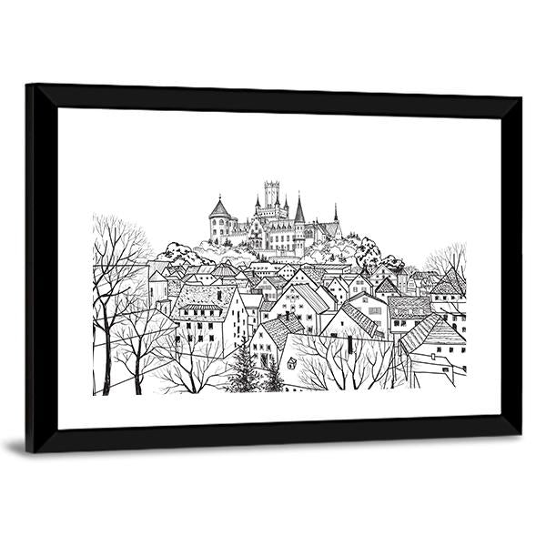 Castle & City Sketch Canvas Wall Art-1 Piece-Framed Print-20" x 16"-Tiaracle