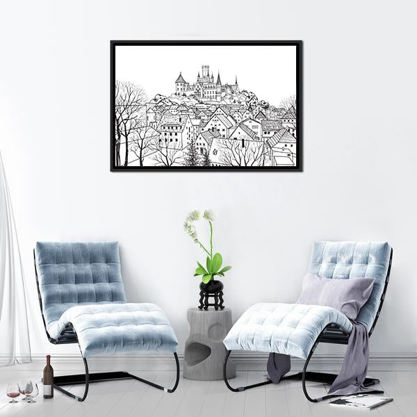 Castle & City Sketch Canvas Wall Art-3 Horizontal-Gallery Wrap-25" x 16"-Tiaracle
