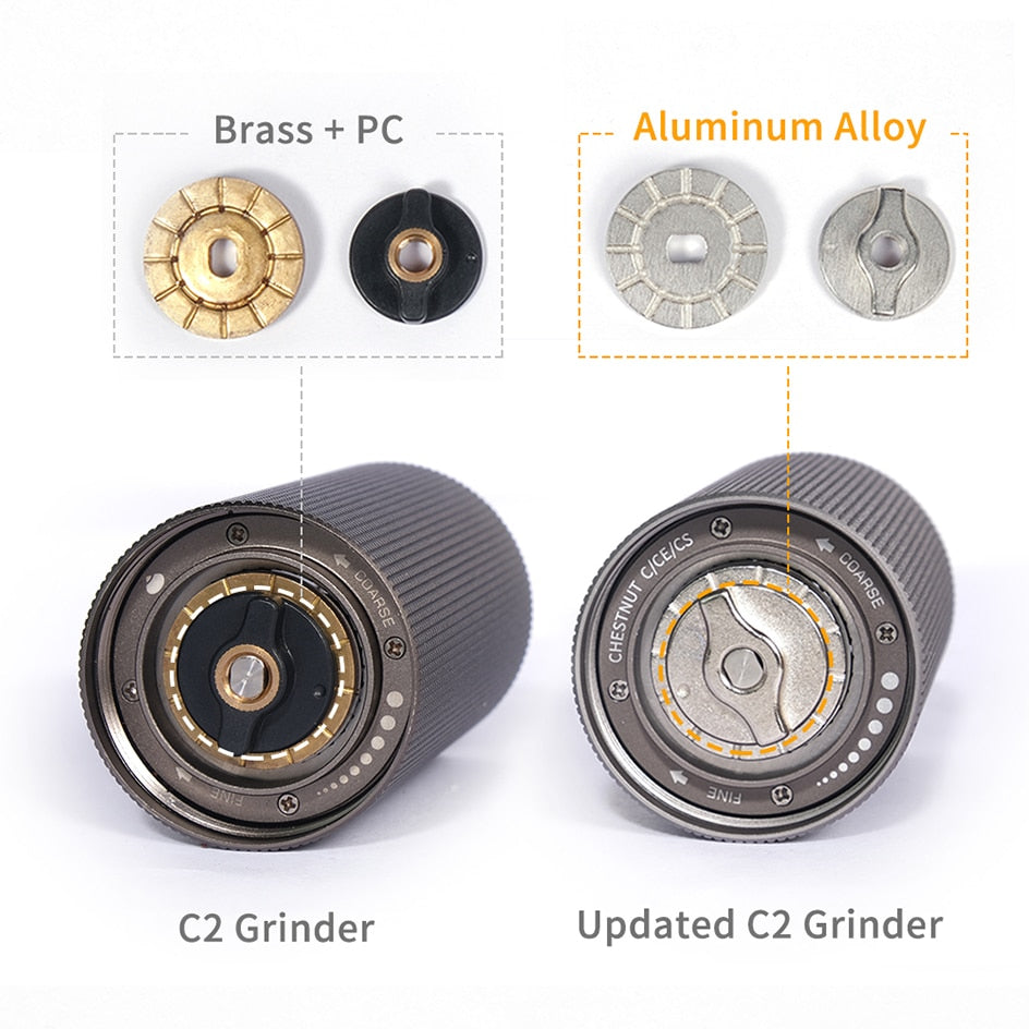 Timemore चेस्टनट C2 अपग्रेड मैनुअल कॉफी ग्राइंडर पोर्टेबल हाई क्वालिटी हैंड ग्राइंडर मिल के साथ डबल असर पोजिशनिंग