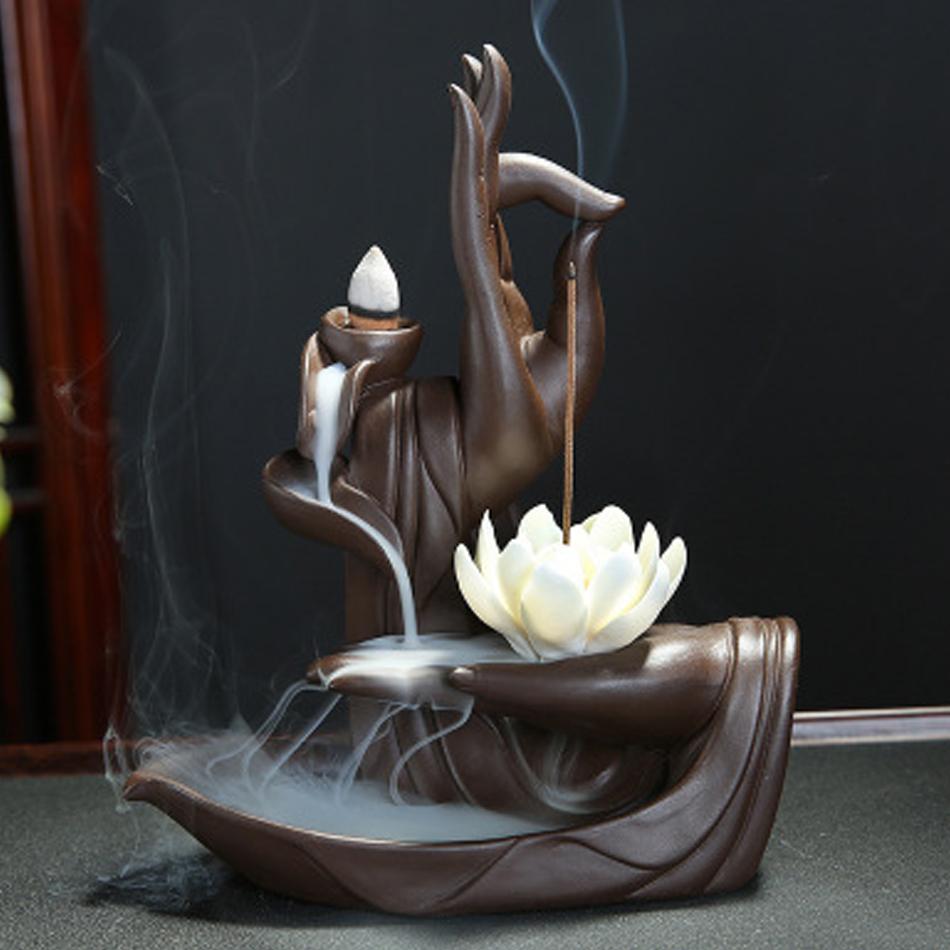Hand-Räucherstäbchenhalter mit Rückfluss-Räucherstäbchenhalter, Zen-Buddha-Räucherstäbchenhalter, Lotus-Wohnkultur, Räucherstäbchen, Aroma-Turm, Räuchergefäß mit 20 Kegeln