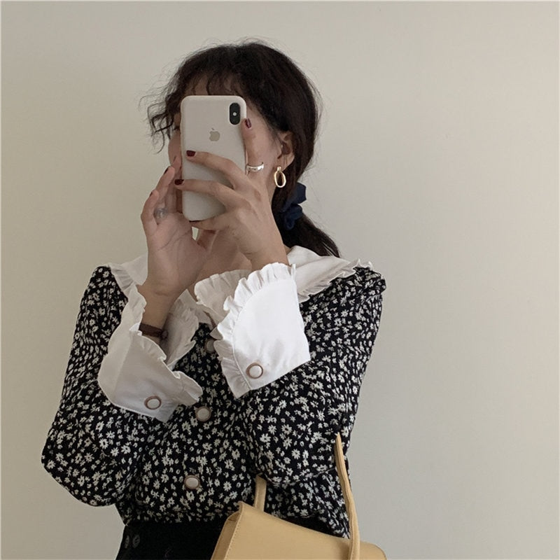 Alien Kitty Romance Print-Floral 2021 Ruffles Vintage Plus Feminine Elegant Chic Loose Casual Fashion Sweet All-Match Shirts