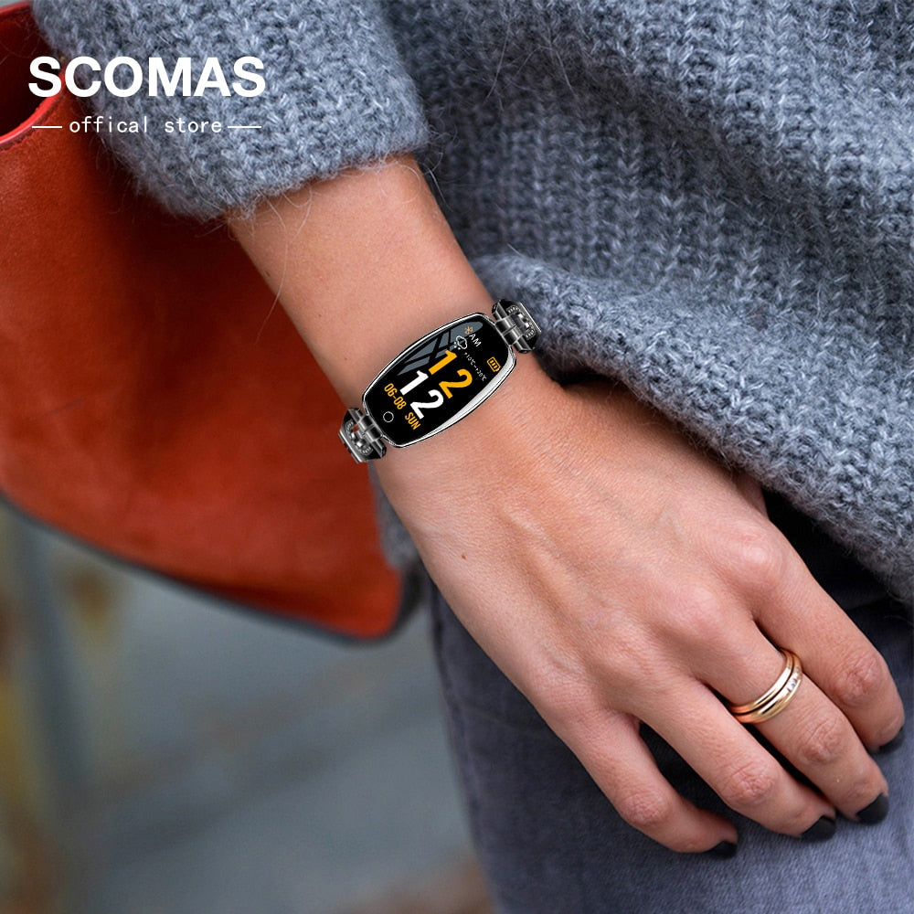 SCOMAS Modische Smartwatch für Damen, 0,96 Zoll, Touch-Armband, Fitness-Tracker, OLED-Herzdruckmesser, Schrittzähler, wasserdichte Smartwatch