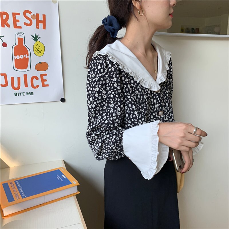 Alien Kitty Romance Print-Floral 2021 Ruffles Vintage Plus Feminine Elegant Chic Loose Casual Fashion Sweet All-Match Shirts