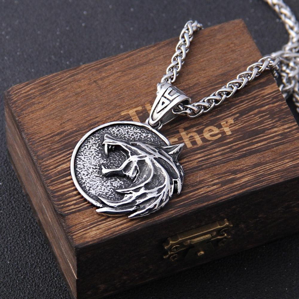 the Wizard wolf head pendant necklace for Geralt with a The Wild Hunt 3 Figure TV