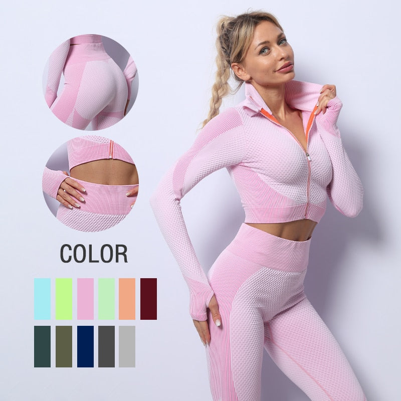 Women Yoga Set Running Seamless Gym Clothing Fitness Leggings + Crop Top Sportswear High Waist Fitness Legging Workout Yoga Suit