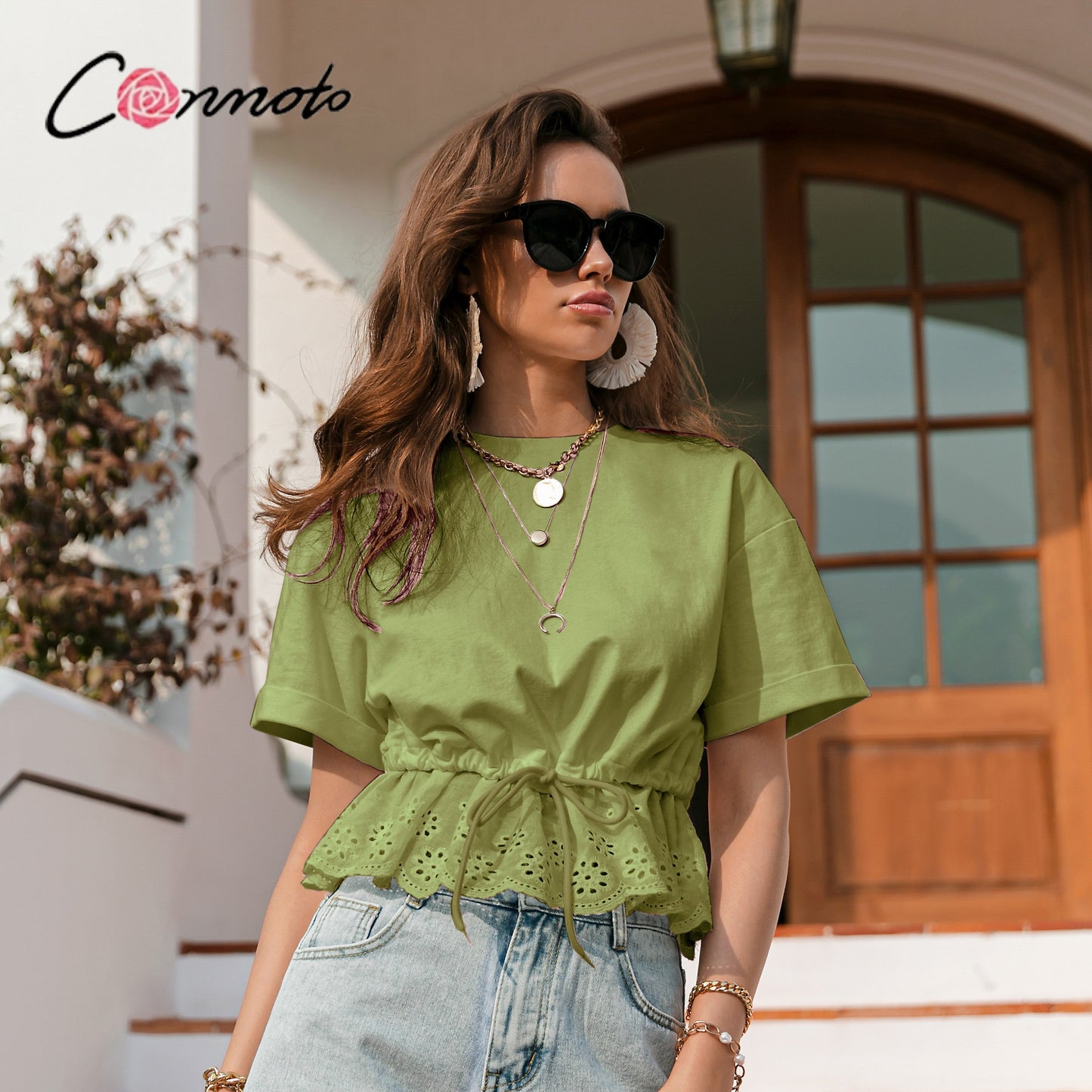 Conmoto Lässiges weißes T-Shirt mit Kordelzugbund und Rüschen, O-Ausschnitt, kurzärmelig, T-Shirts aus Baumwolle, elegante Urlaubsoberteile, Sommer