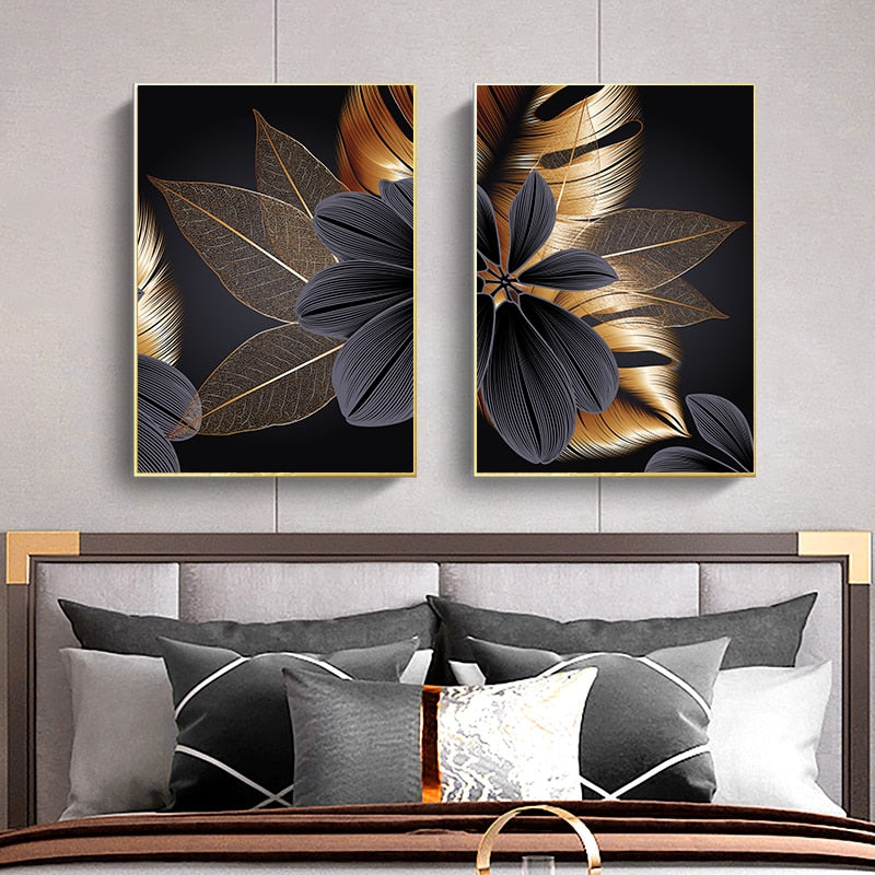 Schwarz Goldene Pflanze Blatt Leinwand Poster Drucken Moderne Wohnkultur Abstrakte Wand Kunst Malerei Nordic Wohnzimmer Dekoration Bild