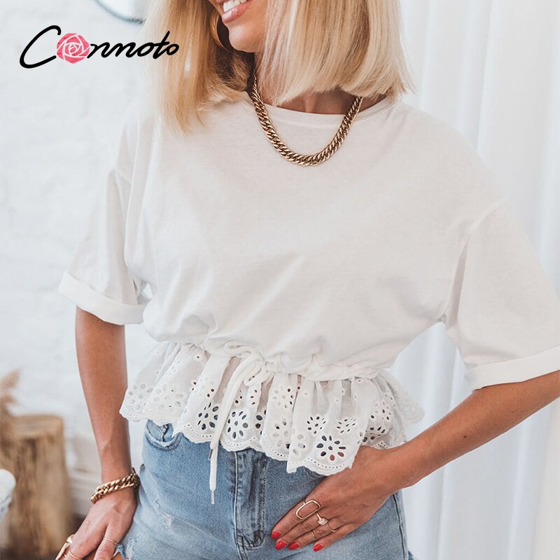 Conmoto Lässiges weißes T-Shirt mit Kordelzugbund und Rüschen, O-Ausschnitt, kurzärmelig, T-Shirts aus Baumwolle, elegante Urlaubsoberteile, Sommer