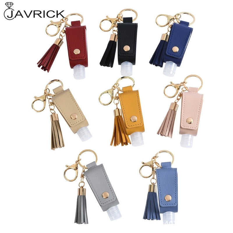 6Pcs 30ml Portable Empty Leakproof Plastic Travel Bottle for Hand Sanitizer with Tassels Leather Keychain Holder Carriers