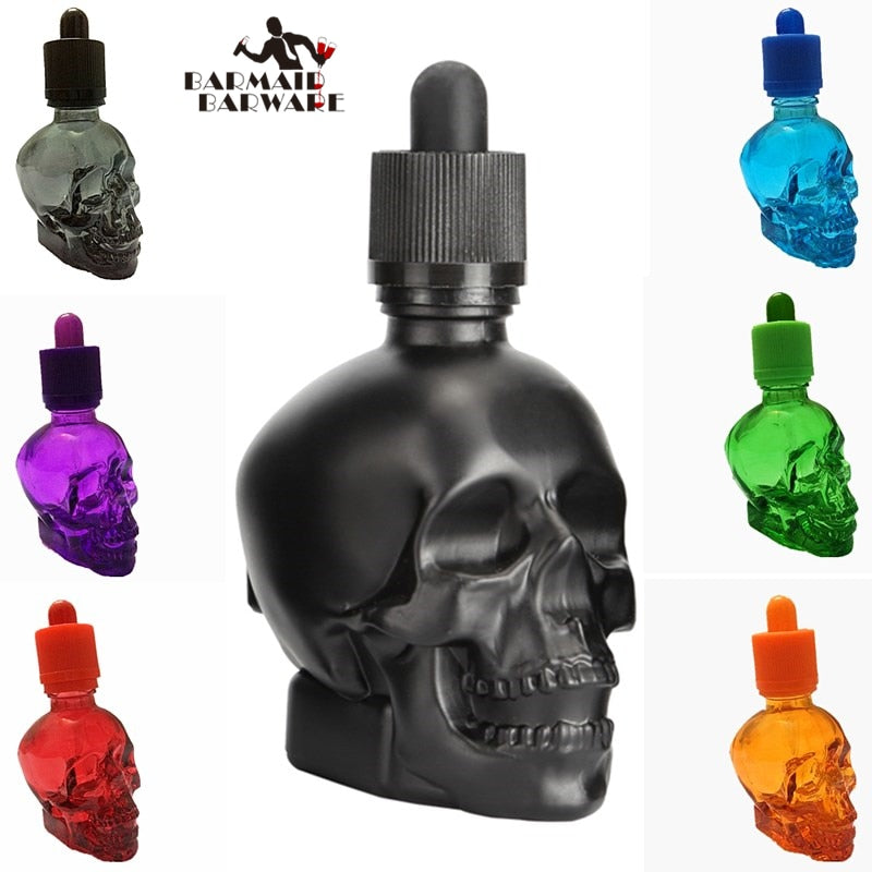 1 Stück 30 ml Totenkopfflasche, Bitterflasche, E-Liquid, mattierte schwarze Tropfflasche aus Glas in Totenkopfform mit Kindersicherung