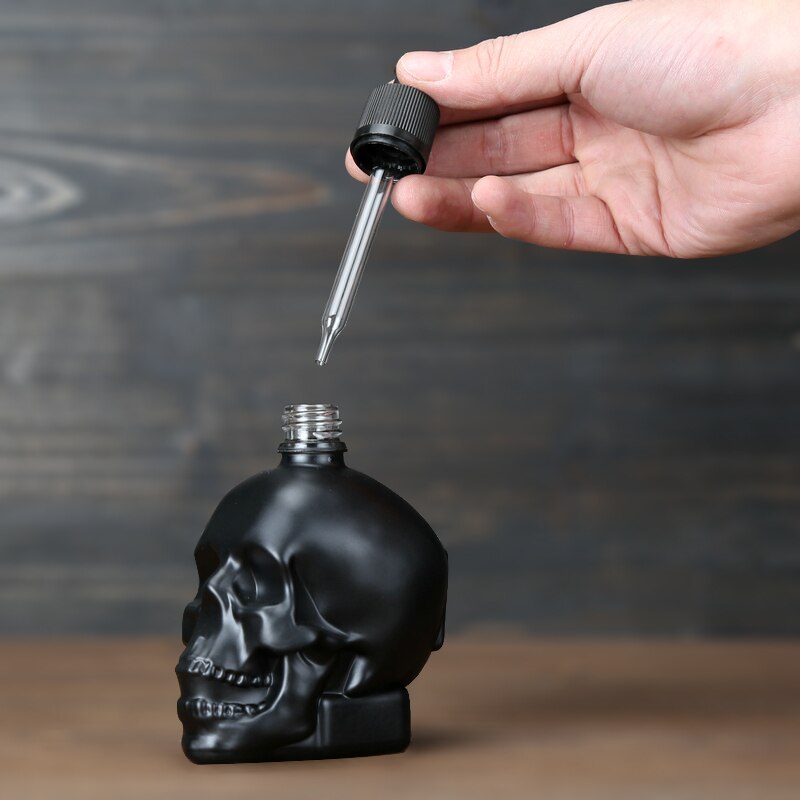 1 Stück 30 ml Totenkopfflasche, Bitterflasche, E-Liquid, mattierte schwarze Tropfflasche aus Glas in Totenkopfform mit Kindersicherung