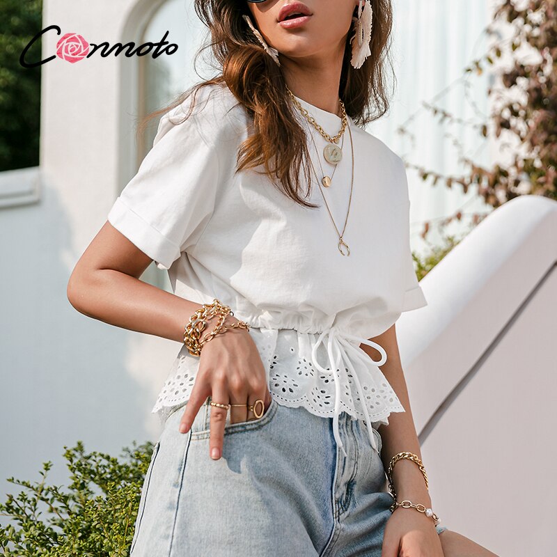 Conmoto Lässiges weißes T-Shirt mit Kordelzugbund und Rüschen, O-Ausschnitt, kurzärmelig, T-Shirts aus Baumwolle, elegante Urlaubsoberteile, Sommer