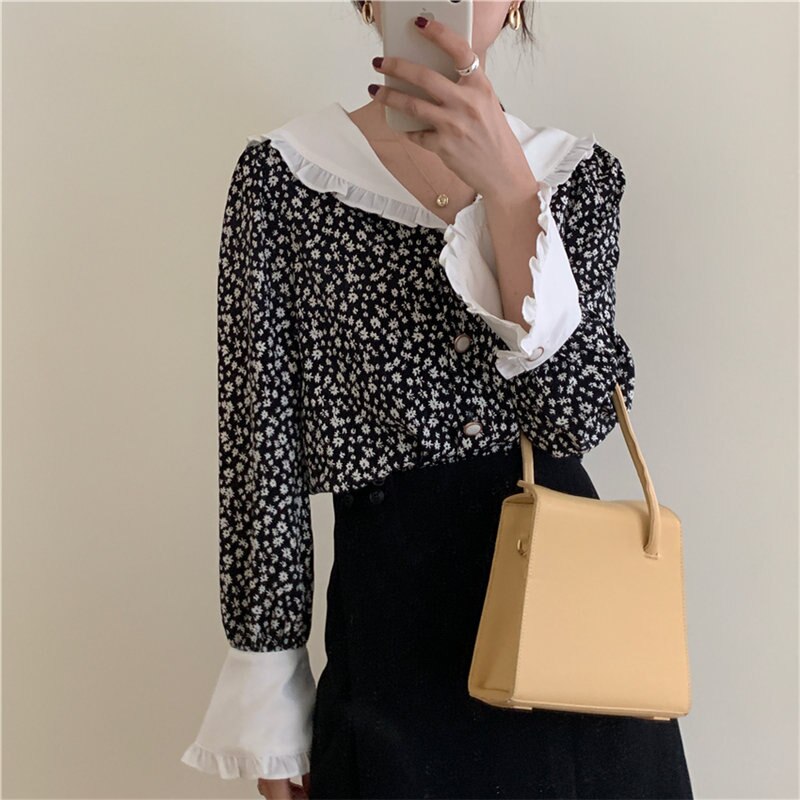 Alien Kitty Romance Print-Floral 2021 Ruffles Vintage Plus Feminine Elegant Chic Loose Casual Fashion Sweet All-Match Shirts