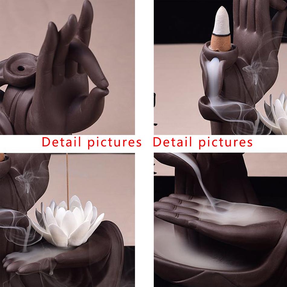 Hand-Räucherstäbchenhalter mit Rückfluss-Räucherstäbchenhalter, Zen-Buddha-Räucherstäbchenhalter, Lotus-Wohnkultur, Räucherstäbchen, Aroma-Turm, Räuchergefäß mit 20 Kegeln