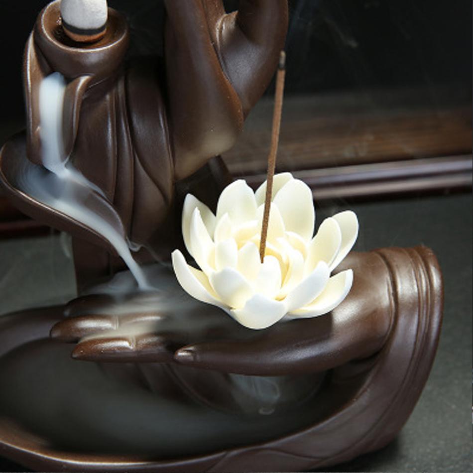 Hand-Räucherstäbchenhalter mit Rückfluss-Räucherstäbchenhalter, Zen-Buddha-Räucherstäbchenhalter, Lotus-Wohnkultur, Räucherstäbchen, Aroma-Turm, Räuchergefäß mit 20 Kegeln