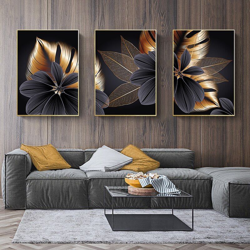 Schwarz Goldene Pflanze Blatt Leinwand Poster Drucken Moderne Wohnkultur Abstrakte Wand Kunst Malerei Nordic Wohnzimmer Dekoration Bild