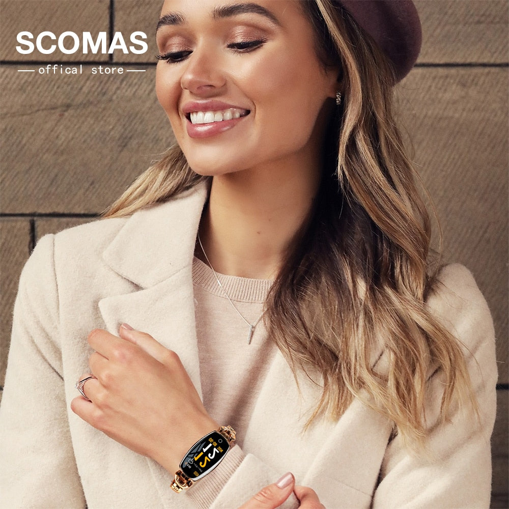 SCOMAS Modische Smartwatch für Damen, 0,96 Zoll, Touch-Armband, Fitness-Tracker, OLED-Herzdruckmesser, Schrittzähler, wasserdichte Smartwatch
