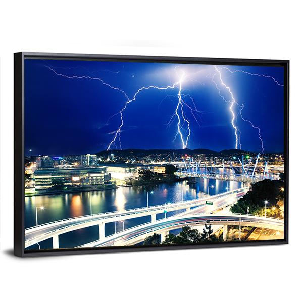 Lightning Strikes Over River Canvas Wall Art-3 Horizontal-Gallery Wrap-25" x 16"-Tiaracle