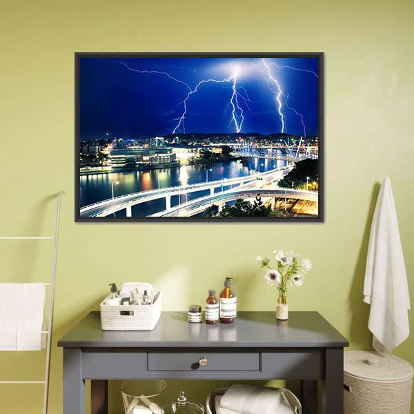 Lightning Strikes Over River Canvas Wall Art-3 Horizontal-Gallery Wrap-25" x 16"-Tiaracle