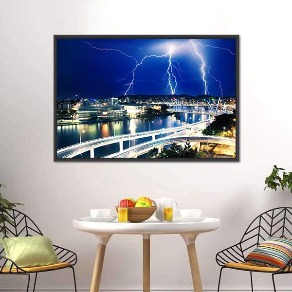 Lightning Strikes Over River Canvas Wall Art-3 Horizontal-Gallery Wrap-25" x 16"-Tiaracle