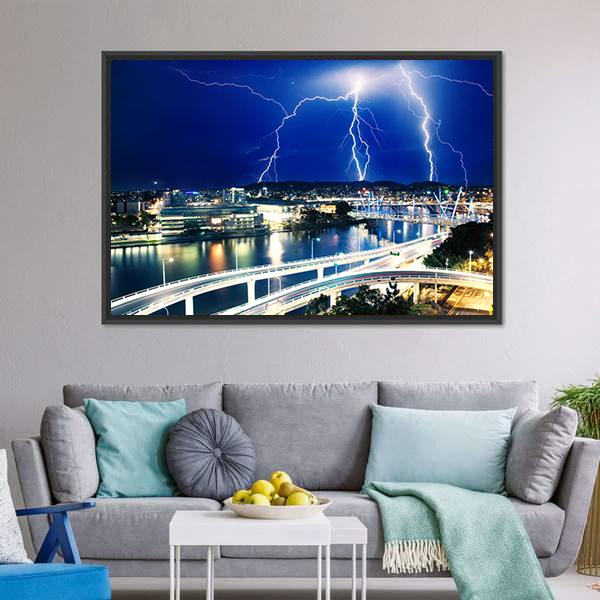 Lightning Strikes Over River Canvas Wall Art-3 Horizontal-Gallery Wrap-25" x 16"-Tiaracle