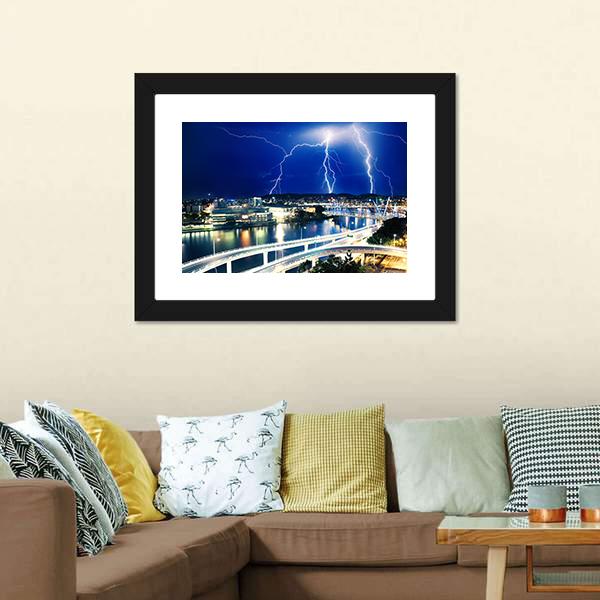 Lightning Strikes Over River Canvas Wall Art-3 Horizontal-Gallery Wrap-25" x 16"-Tiaracle