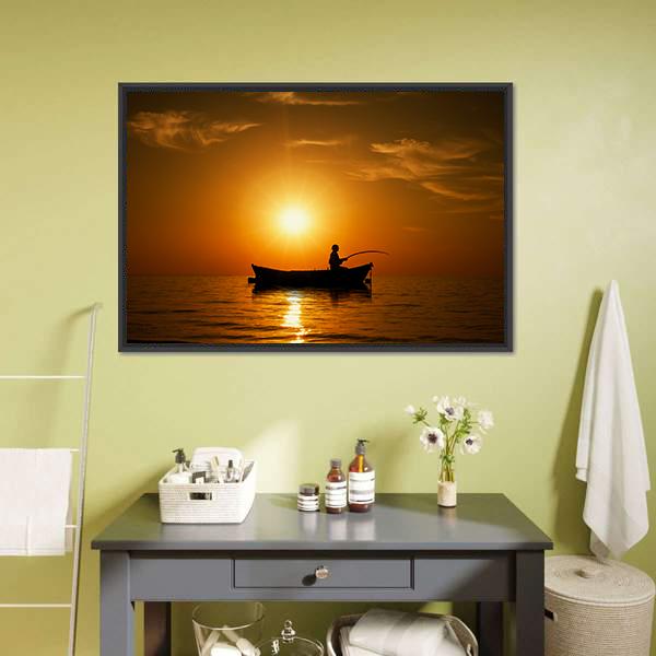 Man Fishing Under Sunset Canvas Wall Art-3 Horizontal-Gallery Wrap-25" x 16"-Tiaracle