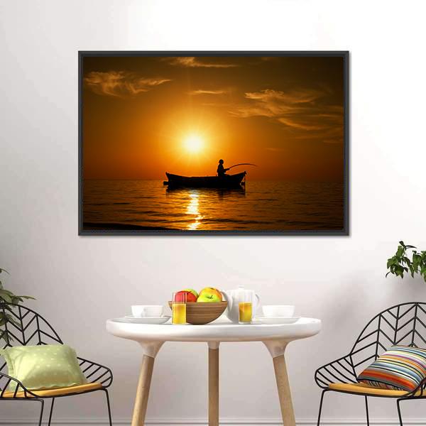 Man Fishing Under Sunset Canvas Wall Art-3 Horizontal-Gallery Wrap-25" x 16"-Tiaracle