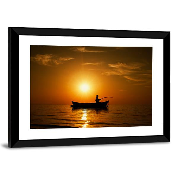 Man Fishing Under Sunset Canvas Wall Art-3 Horizontal-Gallery Wrap-25" x 16"-Tiaracle