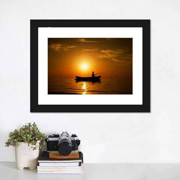 Man Fishing Under Sunset Canvas Wall Art-3 Horizontal-Gallery Wrap-25" x 16"-Tiaracle