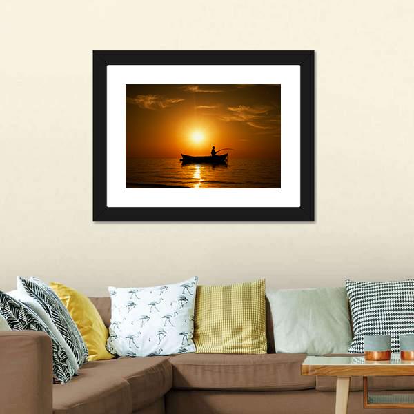 Man Fishing Under Sunset Canvas Wall Art-3 Horizontal-Gallery Wrap-25" x 16"-Tiaracle