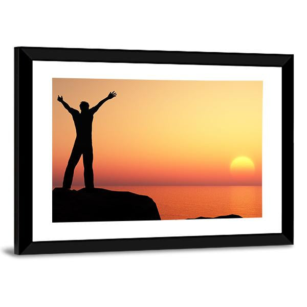 Man Greeting Sun Canvas Wall Art-1 Piece-Framed Print-20" x 16"-Tiaracle