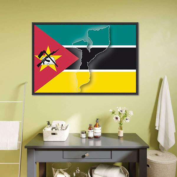 Map In Mozambique Flag Canvas Wall Art-3 Horizontal-Gallery Wrap-25" x 16"-Tiaracle
