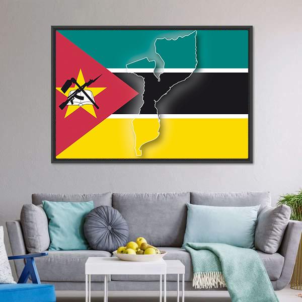 Map In Mozambique Flag Canvas Wall Art-3 Horizontal-Gallery Wrap-25" x 16"-Tiaracle