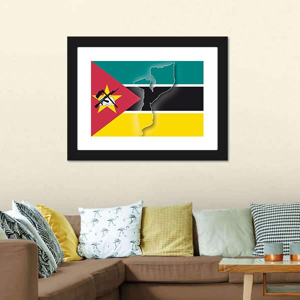 Map In Mozambique Flag Canvas Wall Art-3 Horizontal-Gallery Wrap-25" x 16"-Tiaracle