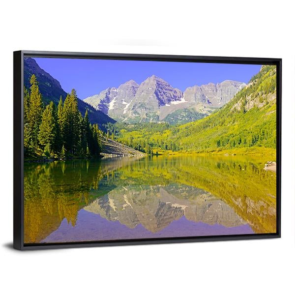 Maroon Bells With Lake Canvas Wall Art-1 Piece-Floating Frame-24" x 16"-Tiaracle