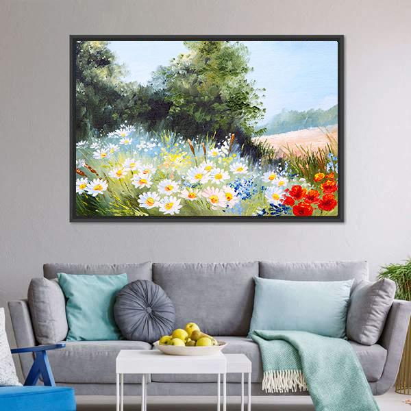 Meadow Of Daisies Canvas Wall Art-3 Horizontal-Gallery Wrap-25" x 16"-Tiaracle