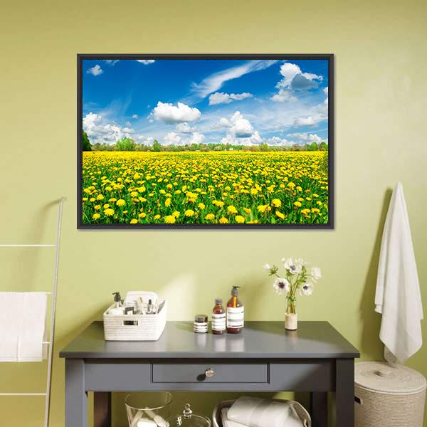 Meadow With Yellow Dandelions Canvas Wall Art-3 Horizontal-Gallery Wrap-25" x 16"-Tiaracle