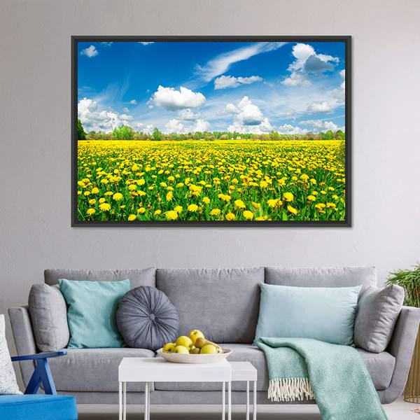 Meadow With Yellow Dandelions Canvas Wall Art-3 Horizontal-Gallery Wrap-25" x 16"-Tiaracle